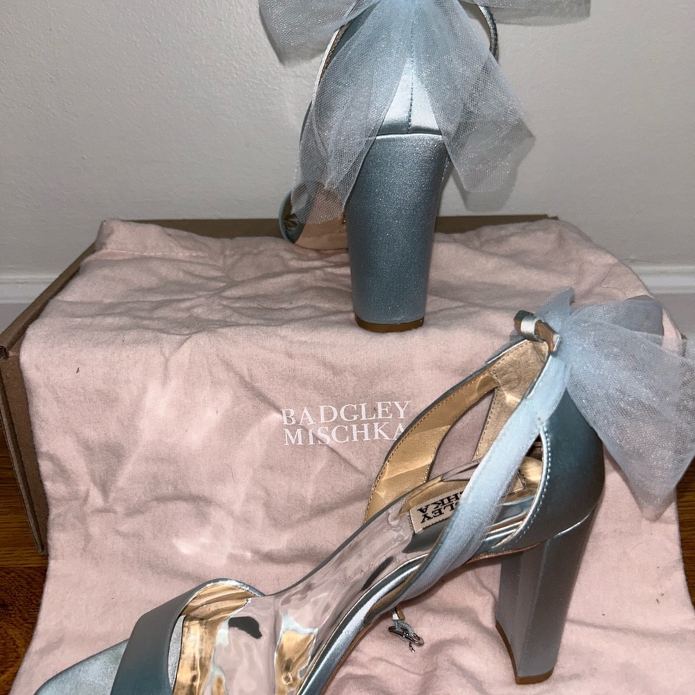 Badgley Mischka Satin Blue Heels with Sheer Bow